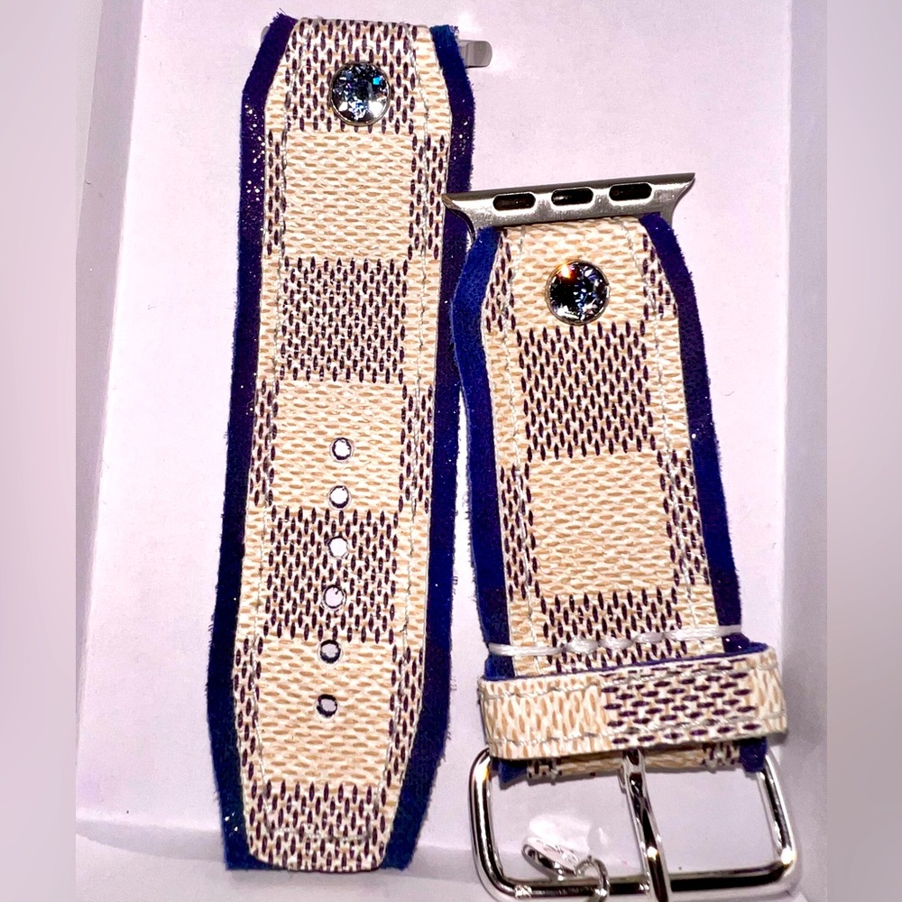 Upcycled Louis Vuitton Damier Azur with blue leather Apple Watch band